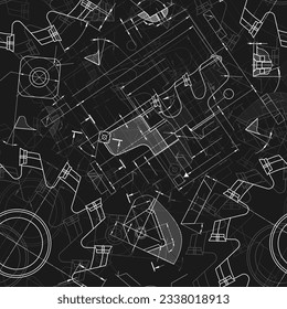Mechanical engineering drawings on black background. Cutting tools, milling cutter. Technical Design. Cover. Blueprint. Seamless pattern. Vector illustration.