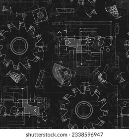 Mechanical engineering drawings on black background. Cutting tools, milling cutter. Technical Design. Cover. Blueprint. Seamless pattern. Vector illustration.