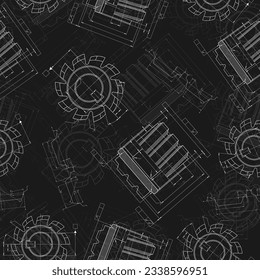 Mechanical engineering drawings on black background. Cutting tools, milling cutter. Technical Design. Cover. Blueprint. Seamless pattern. Vector illustration.