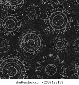 Mechanical engineering drawings on black background. Cutting tools, milling cutter. Technical Design. Cover. Blueprint. Seamless pattern. Vector illustration.