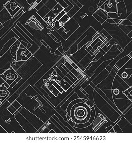 Desenhos de engenharia mecânica sobre fundo preto. Toque em ferramentas, broca. Projeto técnico. Capa. Planta. Padrão contínuo. Ilustração vetorial.