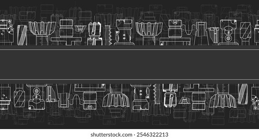 Desenhos de engenharia mecânica sobre fundo preto. Toque em ferramentas, broca. Projeto técnico. Capa. Planta. Padrão contínuo. Ilustração vetorial.