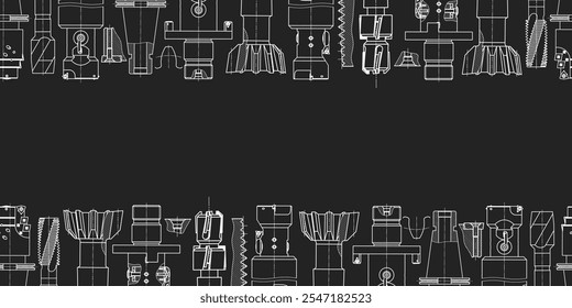 Desenhos de engenharia mecânica sobre fundo preto. Toque em ferramentas, broca. Projeto técnico. Capa. Planta. Padrão contínuo. Ilustração vetorial.