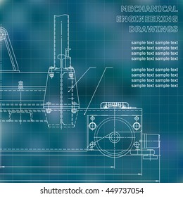 Mechanical engineering drawings on a black background. Vector. For inscriptions. Blue. Grid