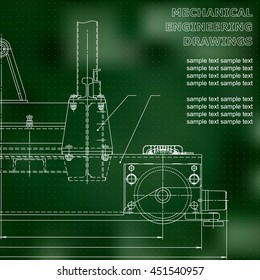 Mechanical engineering drawings on a black background. Vector. For inscriptions. Green. Points