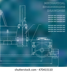 Mechanical engineering drawings on a black background. Vector. For inscriptions. Blue