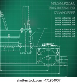 Mechanical engineering drawings on a black background. Vector. For inscriptions. Green. Grid line