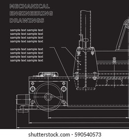 Mechanical engineering drawings on a black background