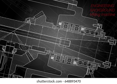 Mechanical engineering drawings on black background. Milling machine spindle. Technical Design. Cover.