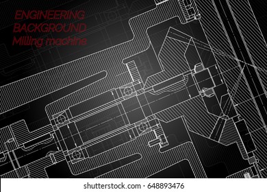 Mechanical engineering drawings on black background. Milling machine spindle. Technical Design. Cover.