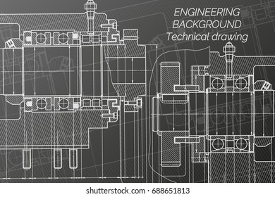 Mechanical engineering drawings on black background. Milling machine spindle. Technical Design. Cover. Blueprint. Vector illustration.