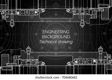 Mechanical engineering drawings on black background. Milling machine spindle. Technical Design. Cover. Blueprint. Vector illustration.