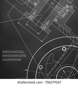 Mechanical engineering drawings on black background. Technical design, instrument making illustration.