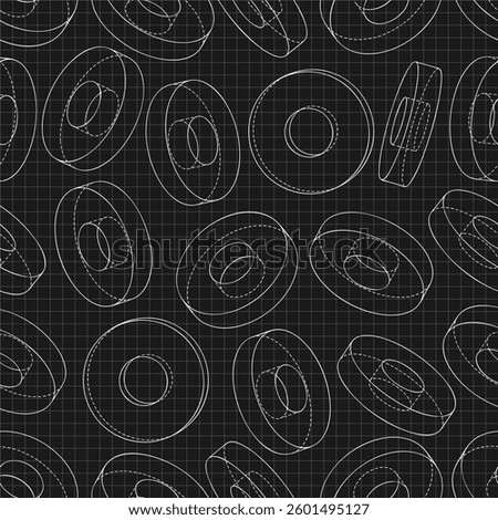 Mechanical engineering drawings on black background. Cutter, assembly tool with replaceable multi-faceted plate. Technical Design. Cover. Blueprint. Vector illustration. Seamless pattern.
