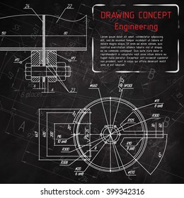 Mechanical Engineering Drawings On Blackboard. Vector Illustration