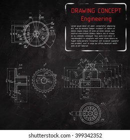 Mechanical engineering drawings on blackboard. Vector illustration