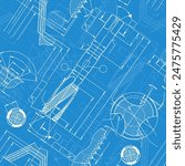 Mechanical engineering drawings on blue background. Tap tools, borer. Technical Design. Cover. Blueprint. Seamless pattern. Vector illustration.