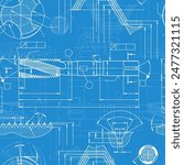 Mechanical engineering drawings on blue background. Tap tools, borer. Technical Design. Cover. Blueprint. Seamless pattern. Vector illustration.