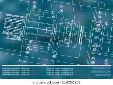 Mechanical engineering drawings on a Blue background. Grid. Vector. Background for inscription