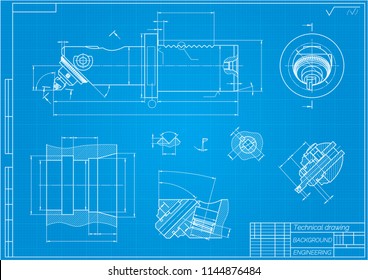 Mechanical engineering drawings on blue background. Boring bar with micrometric adjustment. Technical Design. Cover. Blueprint. Vector illustration.