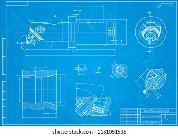 Mechanical engineering drawings on blue background. Boring bar with micrometric adjustment. Technical Design. Cover. Blueprint. Vector illustration.