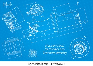 Mechanical engineering drawings on blue background. Boring bar with micrometric adjustment. Technical Design. Cover. Blueprint. Vector illustration.