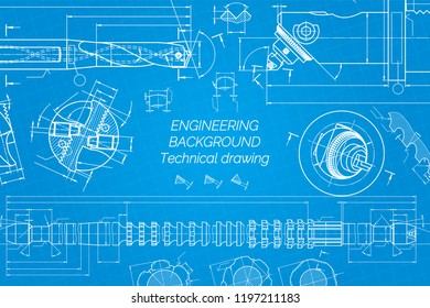 Mechanical engineering drawings on blue background. Drill tools,  borer. Boring bar with micrometric adjustment.  Broach. Technical Design. Cover. Blueprint. Vector illustration.