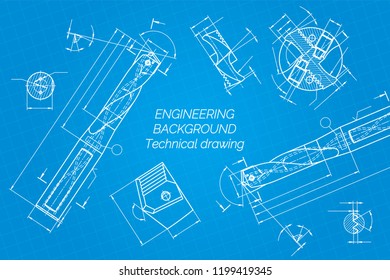 Mechanical engineering drawings on blue background. Drill tools,  borer. Technical Design. Cover. Blueprint. Vector illustration.