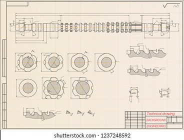 Mechanical engineering drawings on blue background. Broach. Technical Design. Cover. Blueprint. Vector illustration.