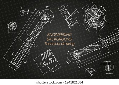 Mechanical engineering drawings on blue background. Drill tools, borer. Technical Design. Cover. Blueprint. Vector illustration.