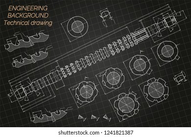 Mechanical engineering drawings on blue background. Broach. Technical Design. Cover. Blueprint. Vector illustration.