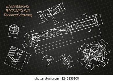 Mechanical engineering drawings on blue background. Drill tools, borer. Technical Design. Cover. Blueprint. Vector illustration.