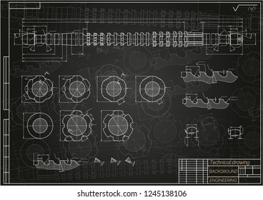 Mechanical engineering drawings on blue background. Broach. Technical Design. Cover. Blueprint. Vector illustration.