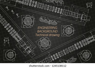 Mechanical engineering drawings on blue background. Broach. Technical Design. Cover. Blueprint. Vector illustration.