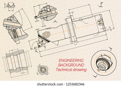 Mechanical engineering drawings on blue background. Boring bar with micrometric adjustment. Technical Design. Cover. Blueprint. Vector illustration.