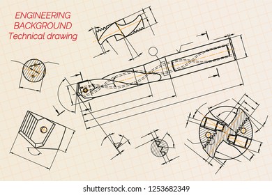 Mechanical engineering drawings on blue background. Drill tools, borer. Technical Design. Cover. Blueprint. Vector illustration.