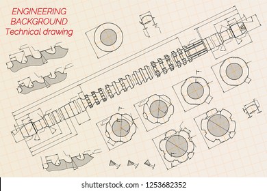 Mechanical engineering drawings on blue background. Broach. Technical Design. Cover. Blueprint. Vector illustration.