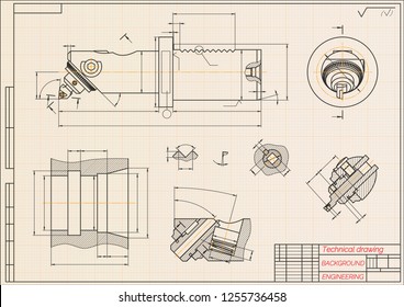 Mechanical engineering drawings on blue background. Boring bar with micrometric adjustment. Technical Design. Cover. Blueprint. Vector illustration.