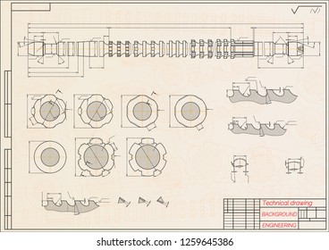 Mechanical engineering drawings on blue background. Broach. Technical Design. Cover. Blueprint. Vector illustration.