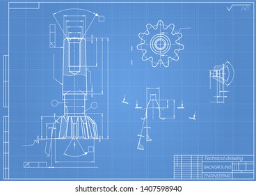 Mechanical engineering drawings on blue background. Tap tools,  borer. Technical Design. Cover. Blueprint. Vector illustration