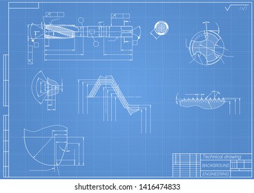 Mechanical engineering drawings on blue background. Tap tools,  borer. Technical Design. Cover. Blueprint. Vector illustration