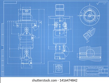 Mechanical engineering drawings on blue background. Tap tools,  borer. Technical Design. Cover. Blueprint. Vector illustration