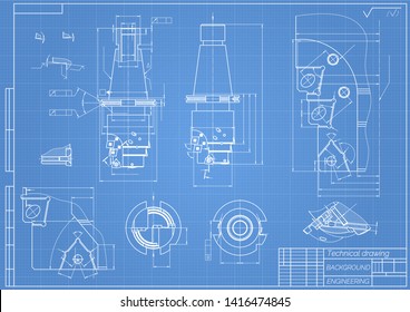 Mechanical engineering drawings on blue background. Tap tools,  borer. Technical Design. Cover. Blueprint. Vector illustration