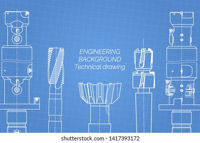 Mechanical engineering drawings on blue background. Tap tools,  borer. Technical Design. Cover. Blueprint. Vector illustration