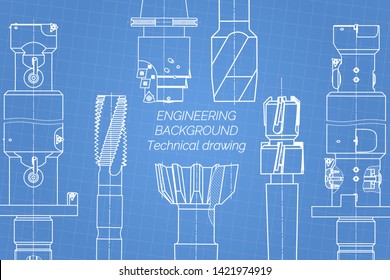 Mechanical engineering drawings on blue background. Tap tools,  borer. Technical Design. Cover. Blueprint. Vector illustration