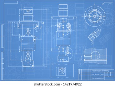 Mechanical engineering drawings on blue background. Tap tools,  borer. Technical Design. Cover. Blueprint. Vector illustration