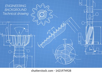 Mechanical engineering drawings on blue background. Tap tools,  borer. Technical Design. Cover. Blueprint. Vector illustration