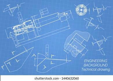 Mechanical engineering drawings on blue background. Tap tools,  borer. Technical Design. Cover. Blueprint. Vector illustration