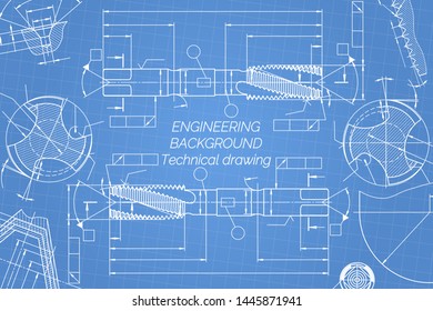 Mechanical engineering drawings on blue background. Tap tools,  borer. Technical Design. Cover. Blueprint. Vector illustration