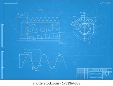 Mechanical engineering drawings on blue background. Cutting tools, milling cutter. Technical Design. Cover. Blueprint. Vector illustration